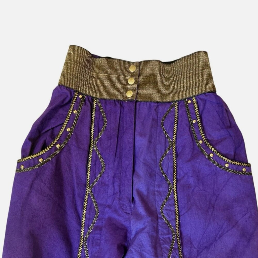 VTG Varda Garfinkel Purple Gold Funky Festival Boho Embellished Pants size M - Picture 2 of 10
